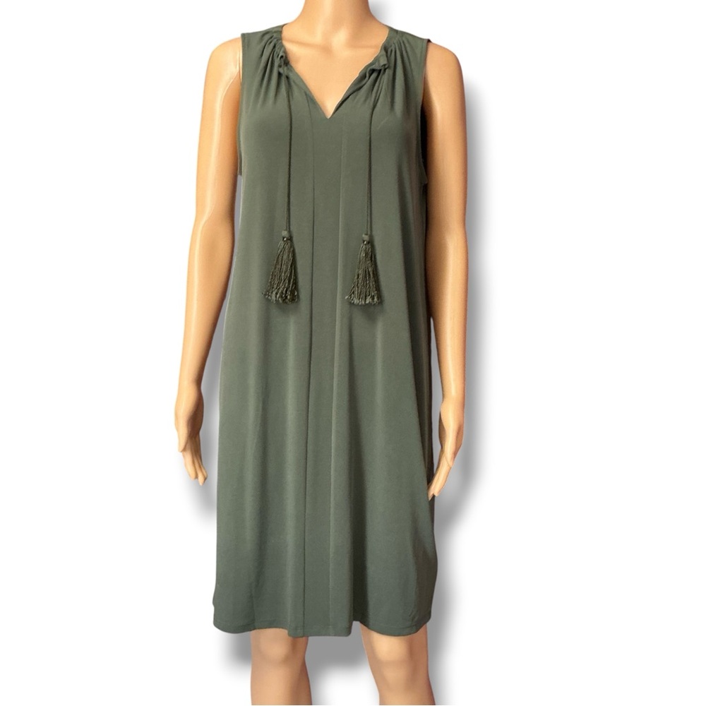 Michael Kors Olive Green Sleeveless V-Neck Dress with Tassel Tie